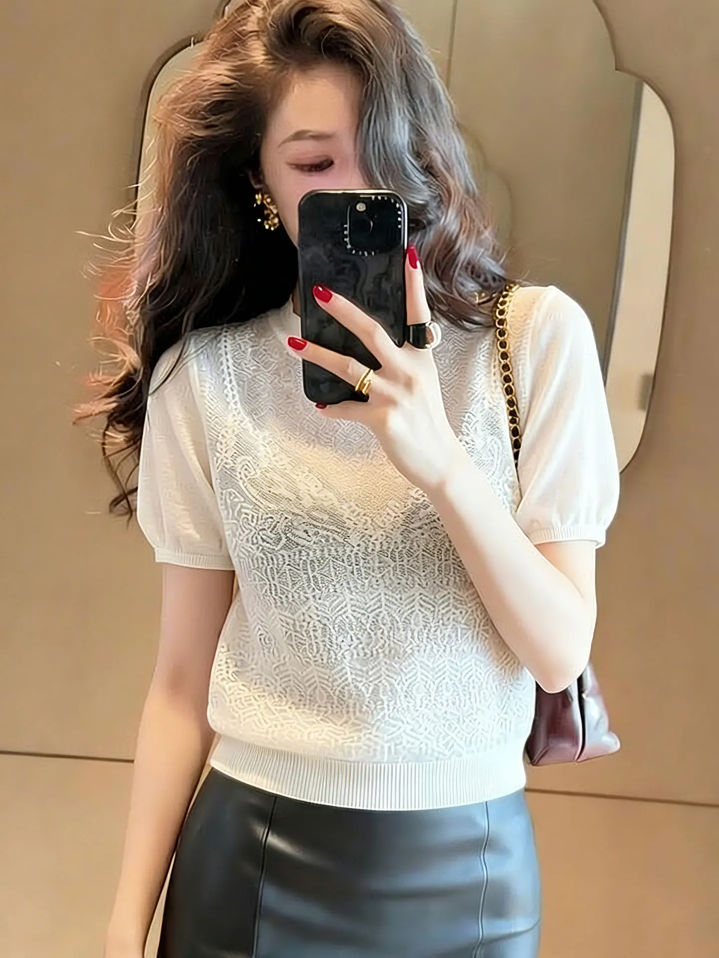 

Fashionable Hollow out Short Sleeve Knitted Shirt European Design Sensation Hook Flower High End Brand Style Spring Summer Top