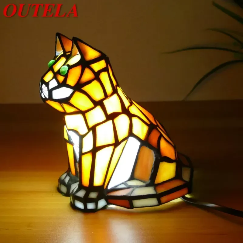 OUTELA  Tiffany Kitten Table Lamp Art Living Room Bedroom Children's room Homestay Stained Glass Decoration Desk Lamp