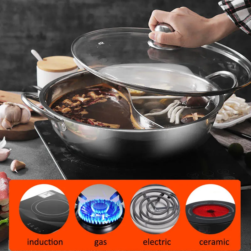 Hot Pot Induction Cooker Chinese Fondue Pan 304 Stainless Steel Hotpot With Lid Gas Stove Cooking Pots For Kitchen Cookware