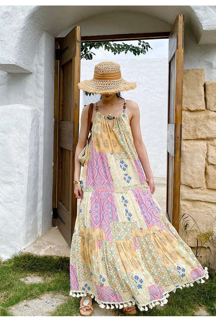 Abito lungo vintage Boho stampato floreale Abito estivo da donna 100% cotone con cinturino per spaghetti Vacanza al mare Abiti da donna bohémien Nuovo