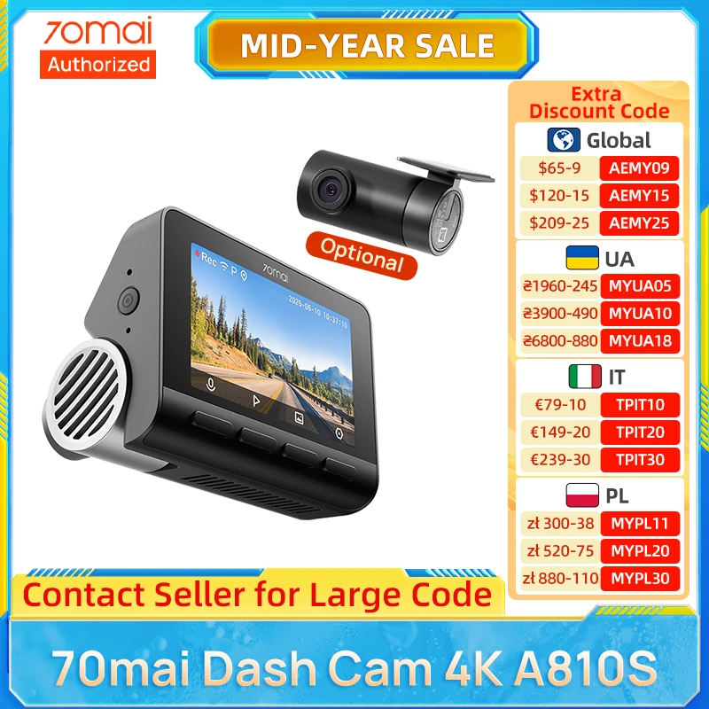 アクセサリー 70mai Dash Cam 4K A800SE 70mai 4K Dash Cam A810S Built-in GPS & ADAS Buffered Emergency