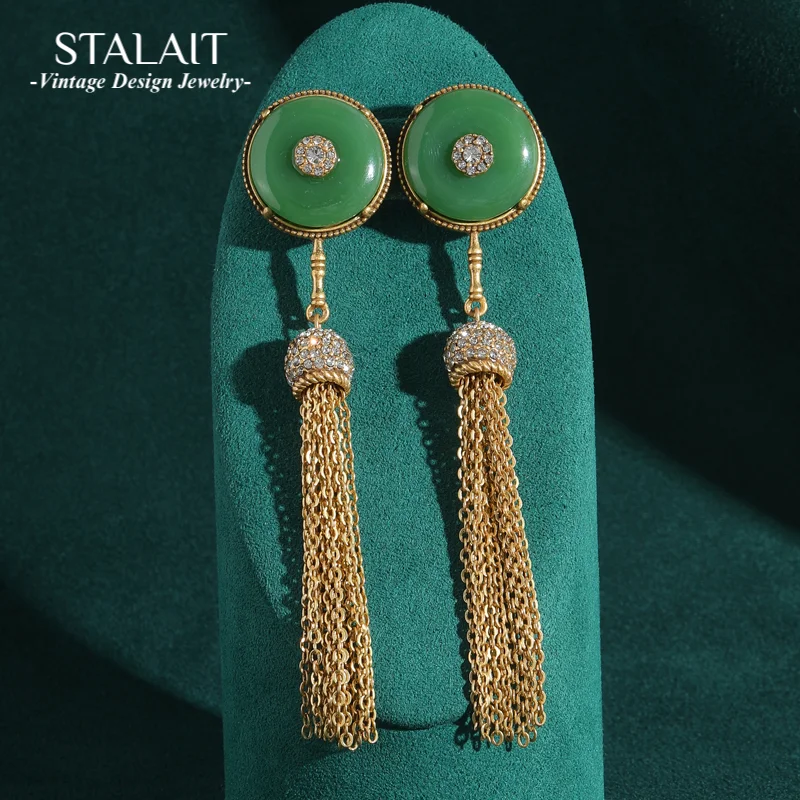 

Винтажные длинные серьги, роскошные женские ювелирные изделия, зеленый нефрит, круглые золотые стразы, цепочка с кисточками, дизайнерские антикварные аксессуары