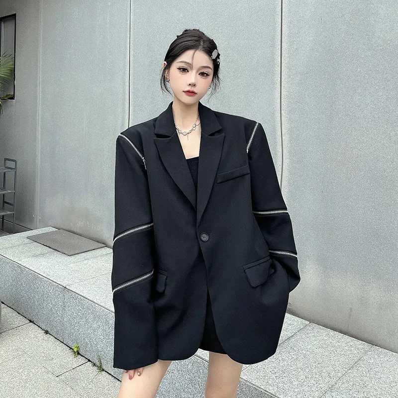 High Street Harajuku Suit Jacket with Multi Zipper Up Women Man Long Sleeves Loose Fit Outfit fall autumn gothic blazercoats y2k