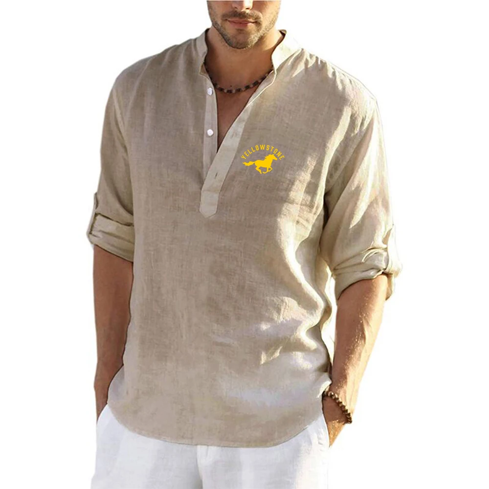 Yellowstone Dutton Ranch 2024 New Men\'s Casual Blouse Cotton Linen Shirt Loose Long Sleeve Tee Spring Autumn Handsome Tops
