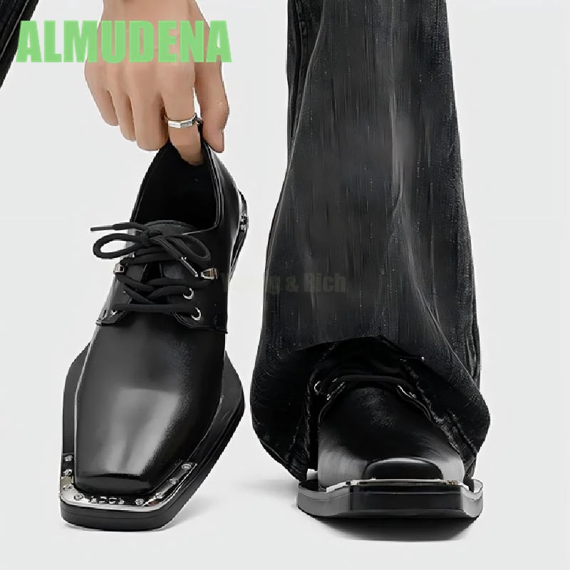 Metal Upturned Casual Leather Shoes Fashionable Square Toe Thick Sole Simple Lace Up Design Mid Heeled Derby Shoes