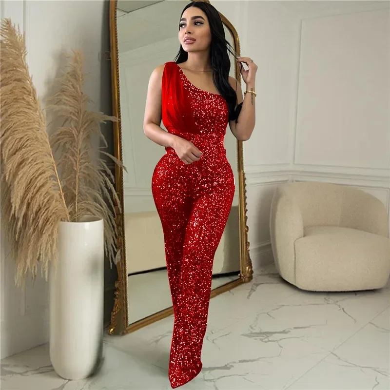 2024 Fashion One Shoulder Sleeveless Women Sexy Shiny Sequins Straight Party Jumpsuit Glitter Night Club Rompers Ladies Overalls