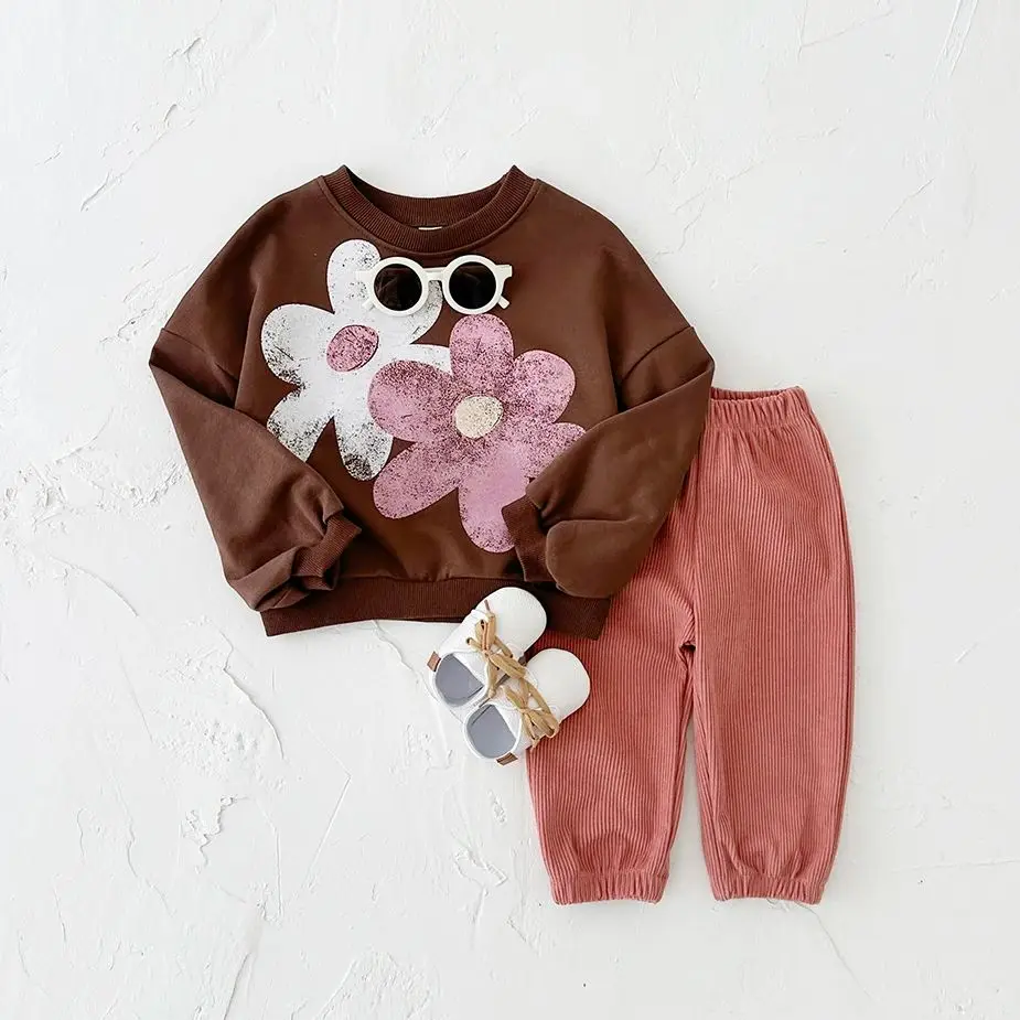 Ins Baby Clothes 2PCS Girl Infant Flower Printed Spring Autumn Baby Girl Long Sleeve Top+Pants Corduroy Casual Children Clothing