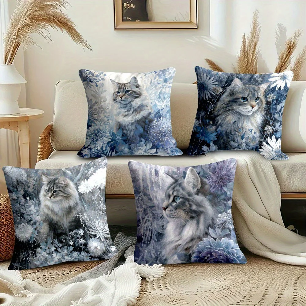 4pc Cat Floral Pillow Covers Throw Cushion Case Watercolor Kitten Art Nature Home Decor Pillowcase 40x40cm