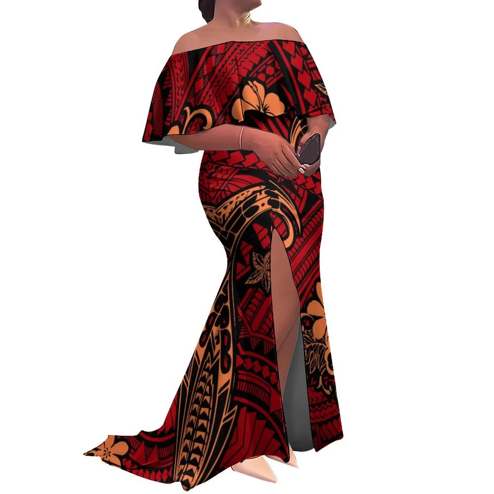 Livre de impostos logotipo personalizado senhoras fishtail vestido de noite polinésia babado fora do ombro divisão sereia longo maxi vestido da nova zelândia