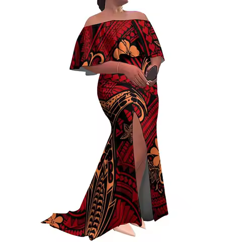 Tax Free Custom Logo Ladies Fishtail Evening Dress Polynesian Frill Off the Shoulder Split Mermaid Long Maxi New Zealand Dress