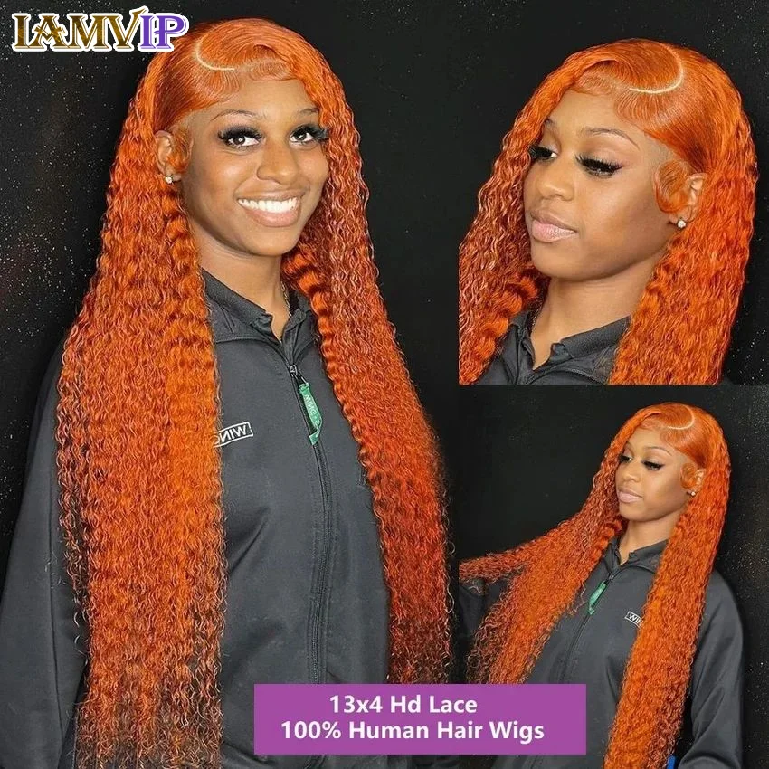 Perruque Lace Front Wig sans colle naturelle bouclée, cheveux humains, Deep Wave, HD, 13x4, 13x6, orange, vidéo, en vente