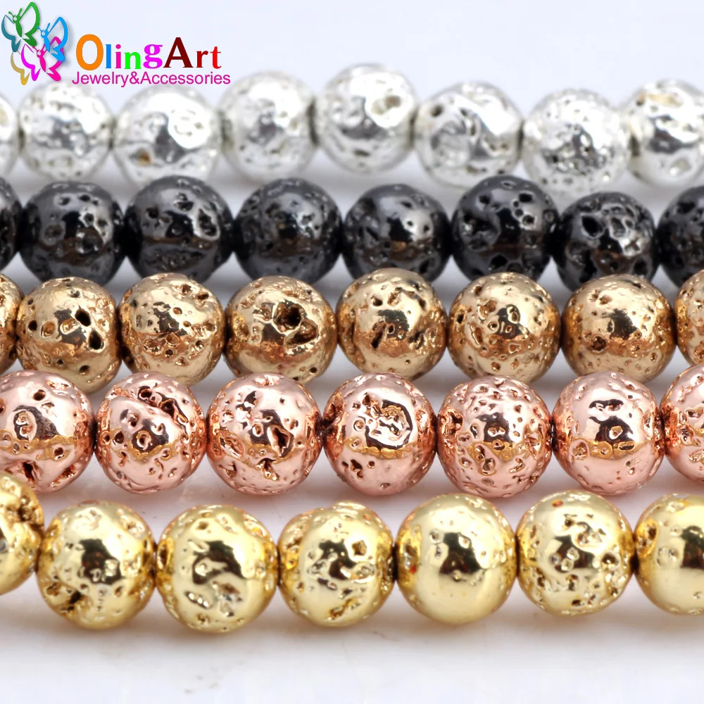 Olingart Volcanic Rock Stone Plating Gold/Silver Color/Rose Gold/Copper/Black Round Hematite Beads 4 6 8 MM DIY Jewelry Making