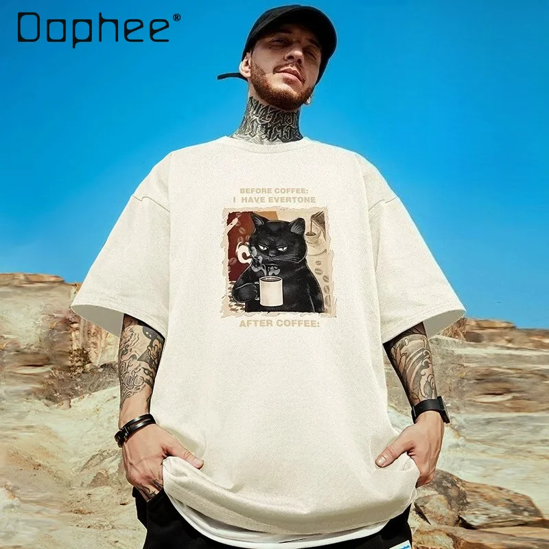 Summer New American Streetwear Men Black White Cartoon Cat Letter Print Oversized Drop Shoulder Round Neck Short Sleeve T-shirt