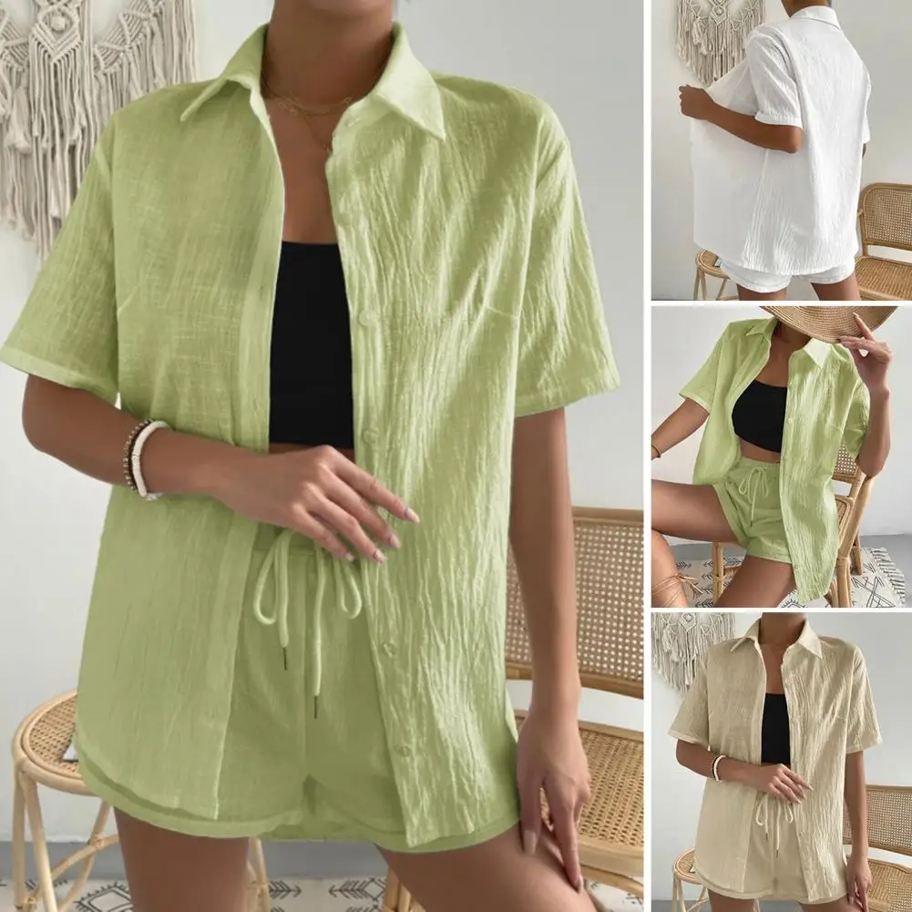 

Женский тонкий комплект из 2 предметов, Повседневная рубашка и шорты с эластичным шнурком на талии, воротник с лацканами и широкими штанинами на лето