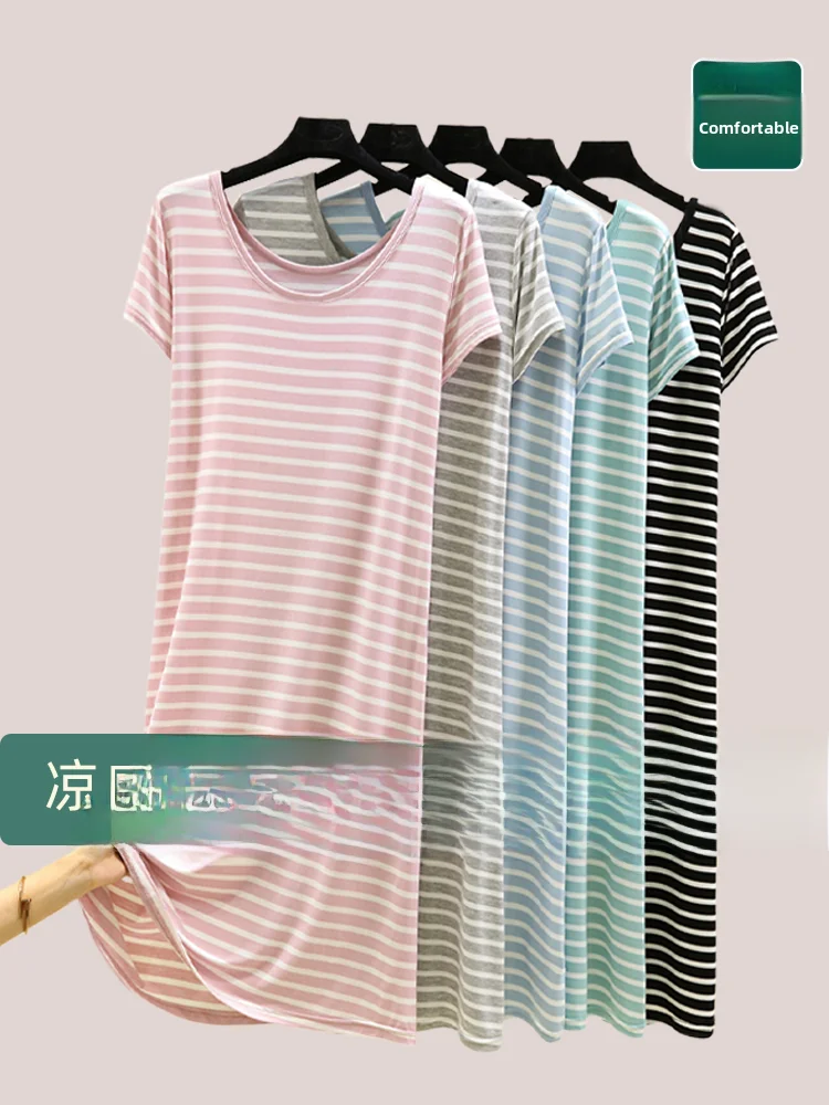 

Modal Sleeveless Midi Dress Women Summer Loose plus Size Striped Home Dress round Neck Outerwear Half Sleeve Dress
