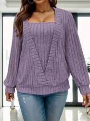 Big Size Solid Ribbed Sweatshirt, Spring and Autumn Casual Long Sleeve Sweatshirt, Women's Plus Size Clothing