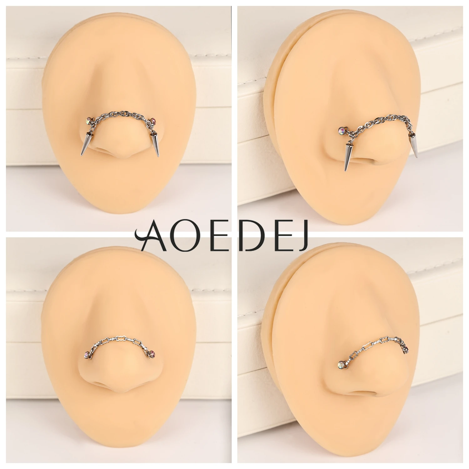 AOEDEJ 1 Stück Nasenkette aus Edelstahl, 32–50 mm, Brückenpiercing, scharfe kegelförmige Quaste, baumelnde Nasenloch-Piercings, Zubehör – Detail 2