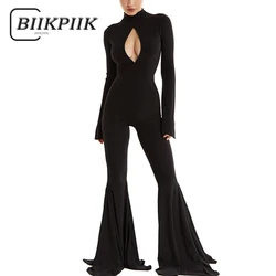 BIIKPIIK Sexy Hollow Out Black Flare Jumpsuits Gothic Long Sleeve Autumn Women Rompers Dark Slim Fit Jumpsuit Halloween Festival