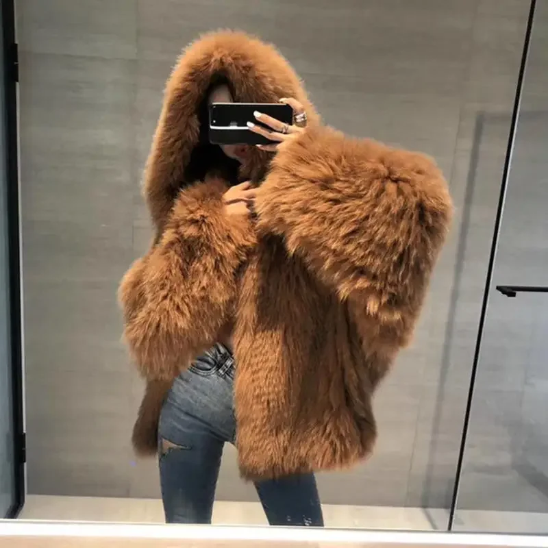 2023 Hooded Faux Fox Fur Coat for Women in Winter, Medium Length, Internet Famous, Young Knitted Faux Fur Plush Coat