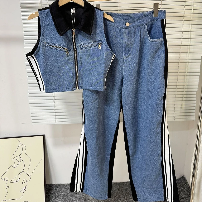 

Summer America Patchwork Vintage Denim Sets Women Zipper Slim Tops+Wide Legs Pants ElegantLady Streetwear DenimSplice 2Pcs Suits