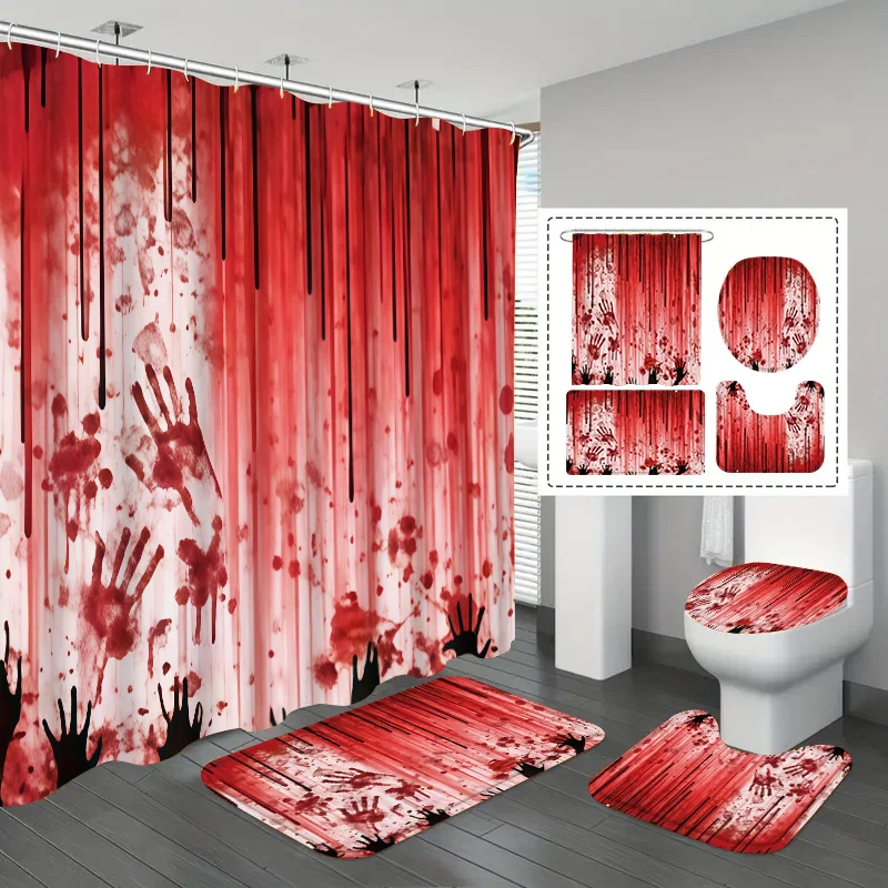 4Pcs Halloween Horror Shower Curtain Set, Red Blood Splatter & Dripping Handprint Print Bath Curtain with Bathroom Rug, Toilet L