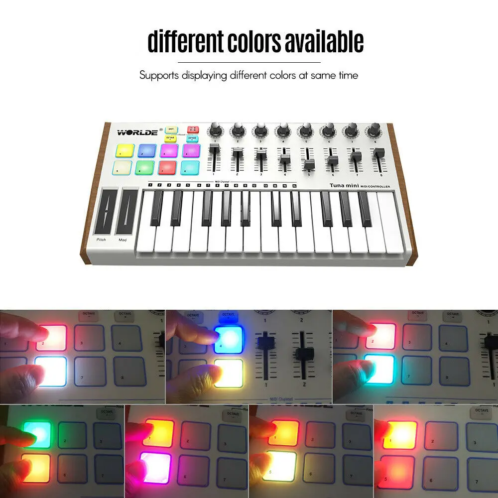 WORLDE TUNA MINI Ultra-Portable 25-Key USB MIDI Keyboard Controller 8 RGB Backlit Trigger Pads with 6.35mm Pedal Jack