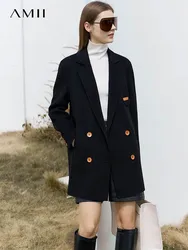 AMII Minimalist Woolen Coat for Women 2024 Winter New Mid-long Loose Office Lady Blends Turn-down Collar Casual Jackets 12324024