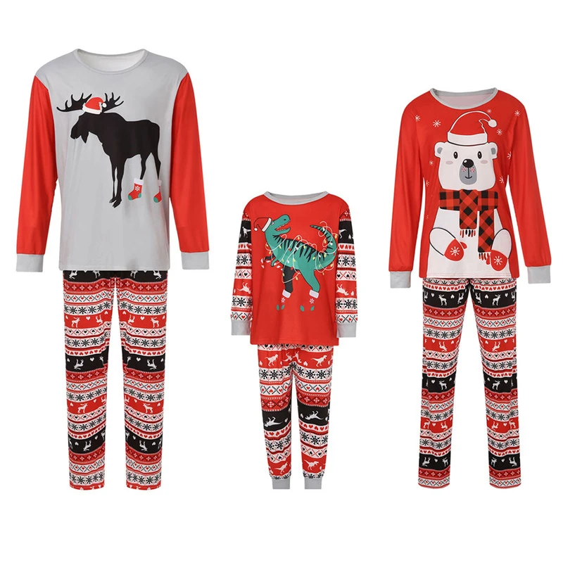 

Christmas Family Matching Pajamas Reindeer Santa Claus Gingerbread Man Print Long Sleeve Crew Neck Top Striped Bottoms