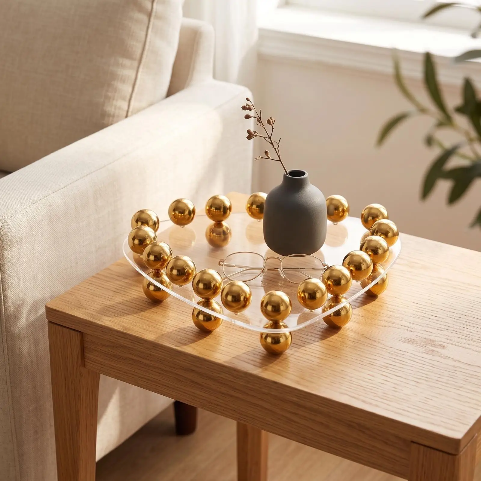 Acrylic Tray with Gold Beads Modern Triangular Acrylic Tray Elegant Slim for Vanity, Coffee Table