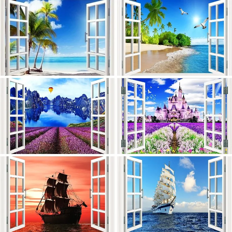 DIY Diamond Painting 3D Painting Fake Window Wall Stickers Tropical Island Palm Trees Wall Mural Window View Wall Decor for Home