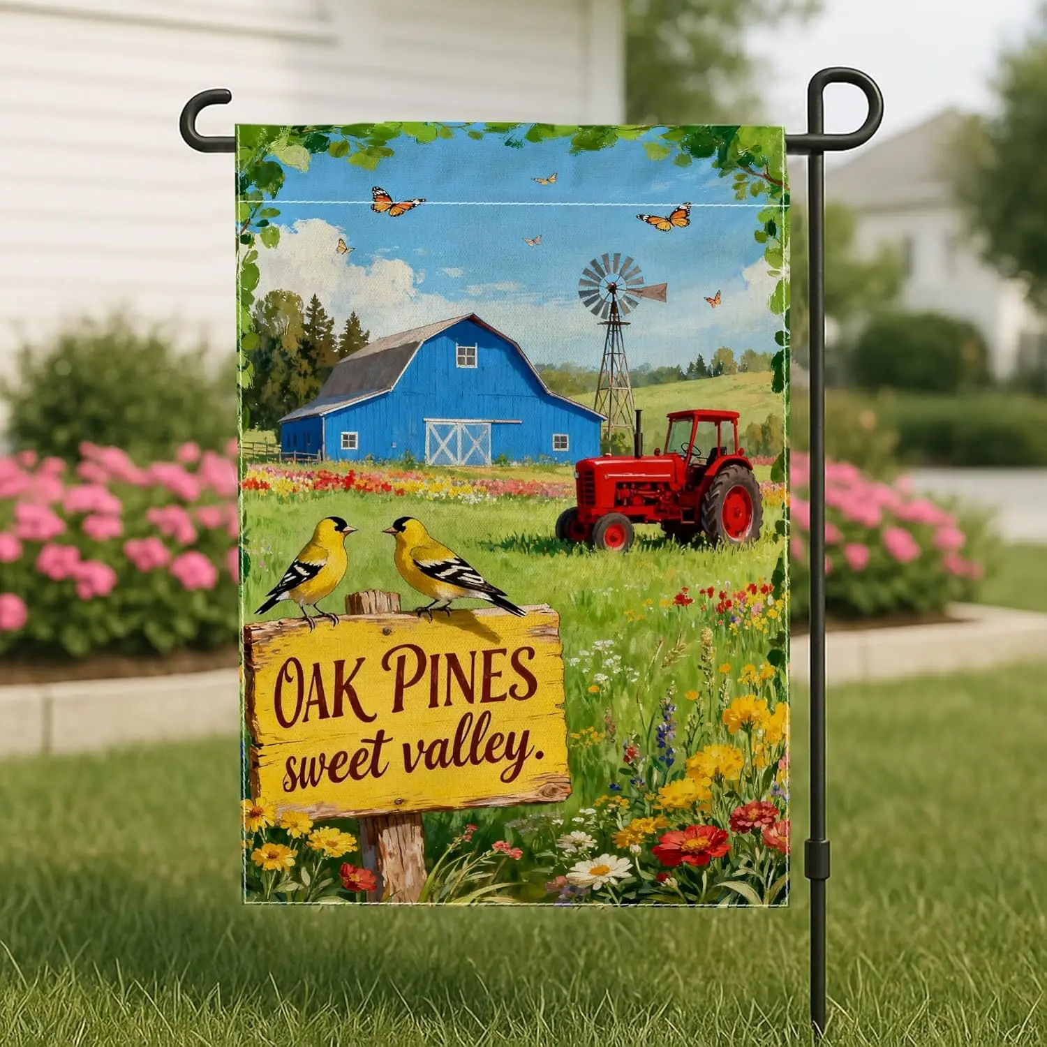 Tractor Garden Flag, Rustic Countryside Barn Birds Summer Blue Double Sided Burlap Yard Decorative Flags for Outdoor Patio L AAS