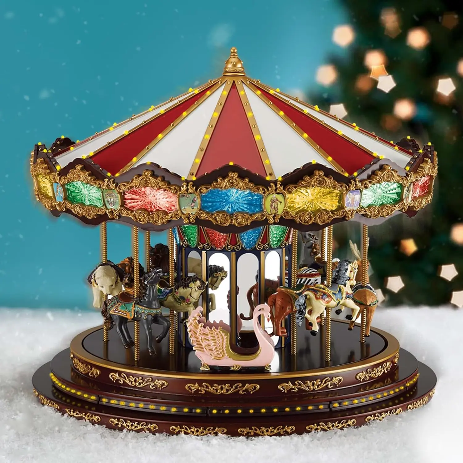 Décoration de Noël animée musicale carrousel de luxe avec lumières LED, joue de 20 chansons, 15 pouces multicolore