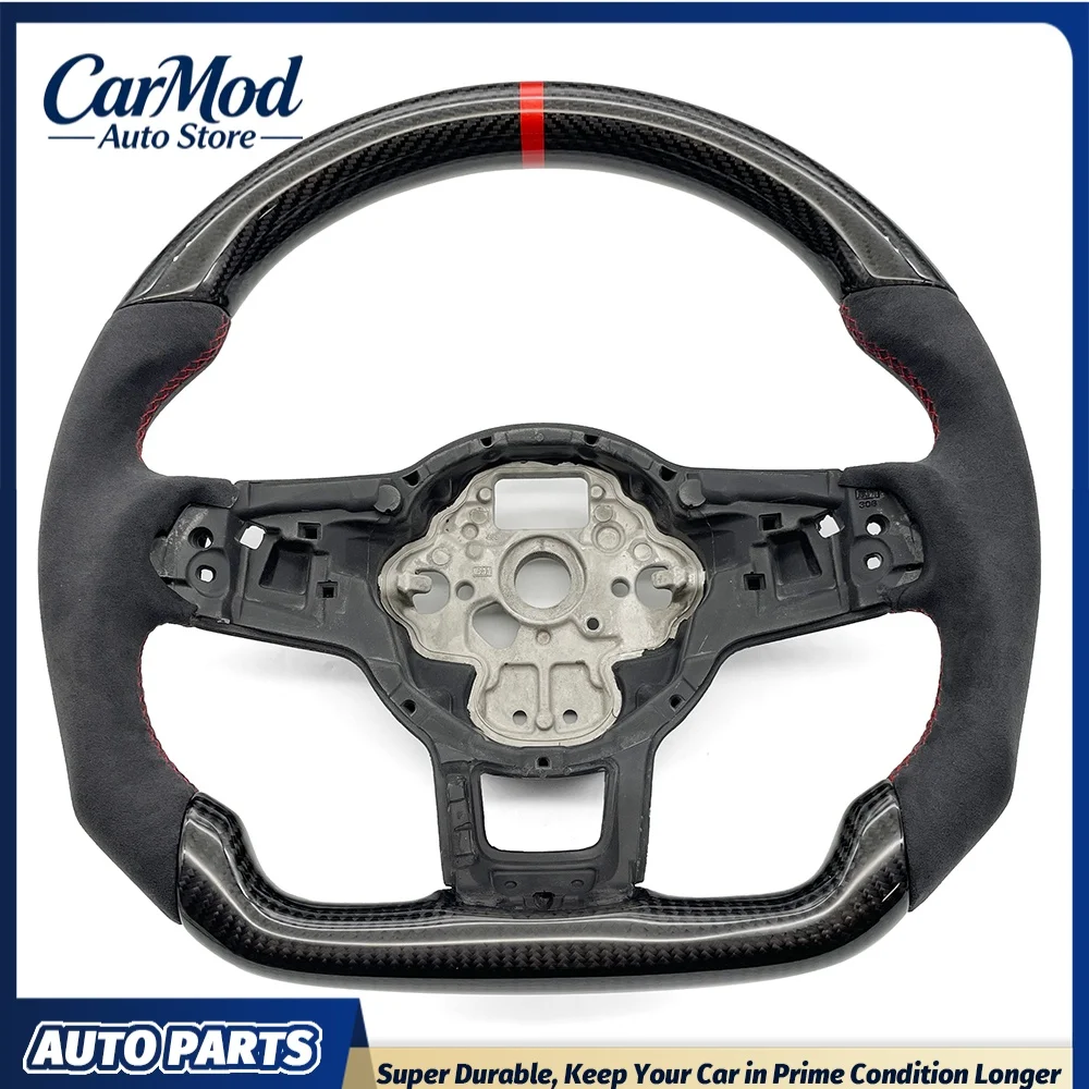 Custom Carbon Fiber RLine Steering Wheel Assembly, Red Stitch Alcantara Leather With Red Center Mark For VW MK7 MK7.5 GTI R Polo