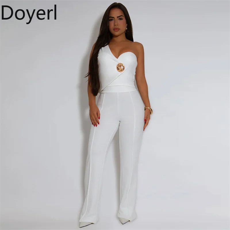 Doyerl Elegant Birthday Outfits for Women Two Piece Set Club One Shoulder Strapless Top and Wide Leg Pants Suits Matching Sets