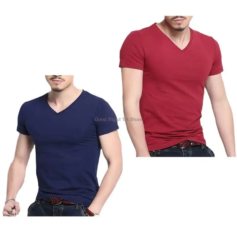 Mens Summer Short Sleeve Stretch Muscle T-Shirt V-Neck Casual Fitted Simple Color Pullover Top Athletic Workout
