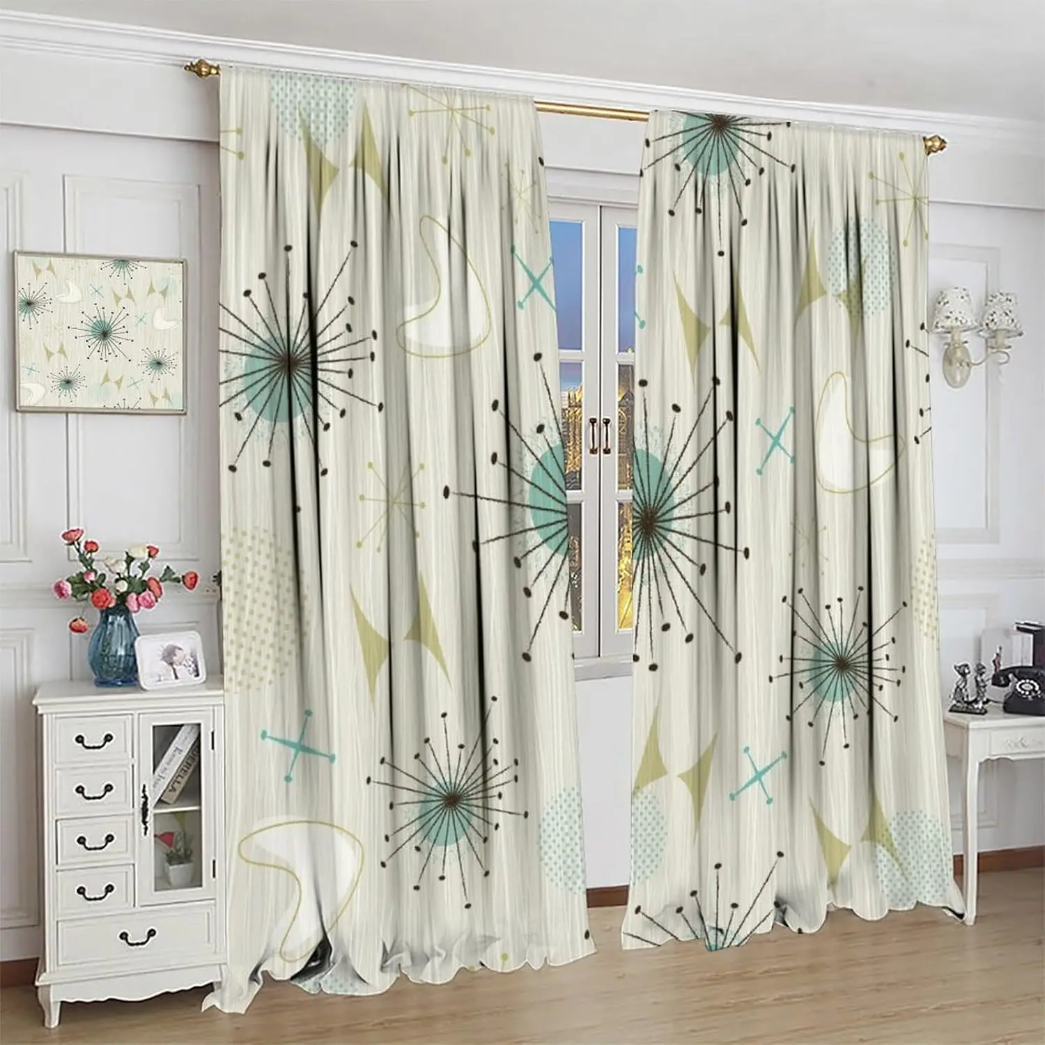 "Atomic Bloom" Curtains – Mid-Century Inspired Dots & Lines on Light Background, Rod Pocket Drapes for Living Room or Bedroom