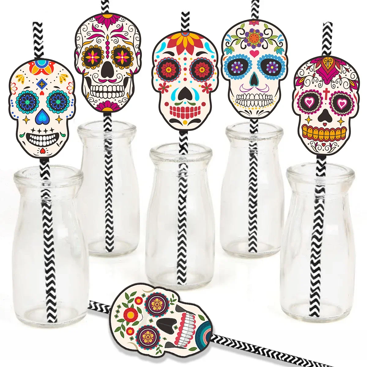 24Pcs Skull Paper Drinking Straw Cocktail Juice Disposable Straws Tableware for Mexican Day of The Dead Halloween Party Decor