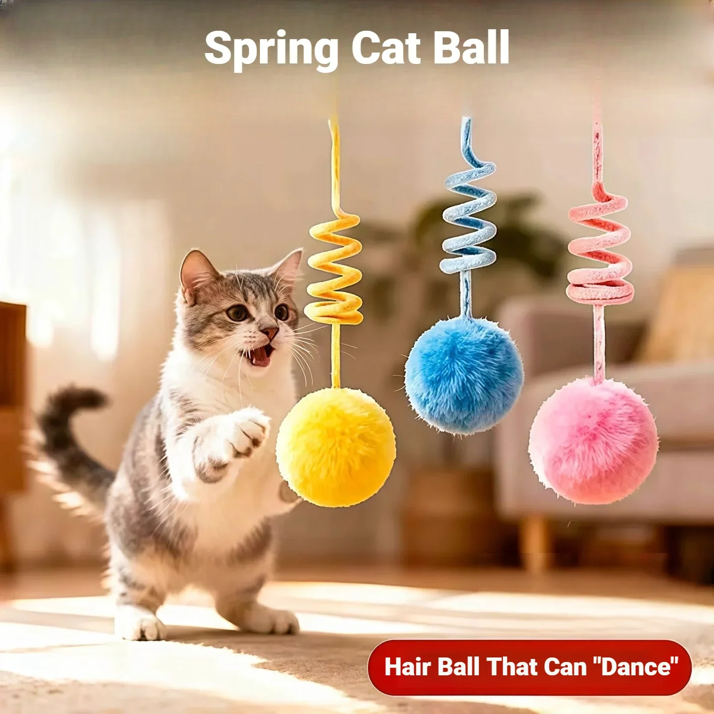 Spring Fur Ball 1Pc Retractable Cat Teaser With Bells Colorful Elastic Strings Fluffy Balls Cat Toy Pet Supplies