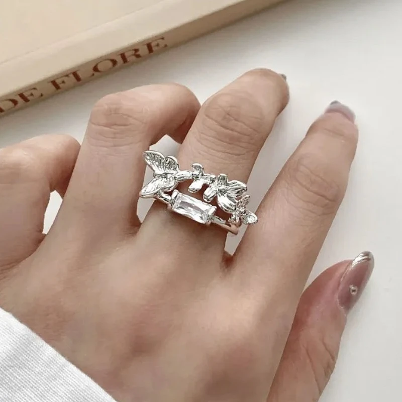 

925 Sterling Silver Geometric Charming Butterfly Adjustable Opening Ring for Women Fine Jewelry Minimalist Accessories