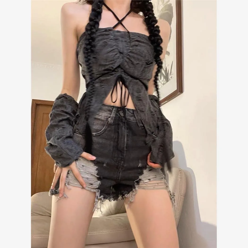 Grey Camis Women Halter Corset Cropped Top Summer Sexy Lace Up Backless Shirt with removable sleeves Korean Style Y2K Clothing