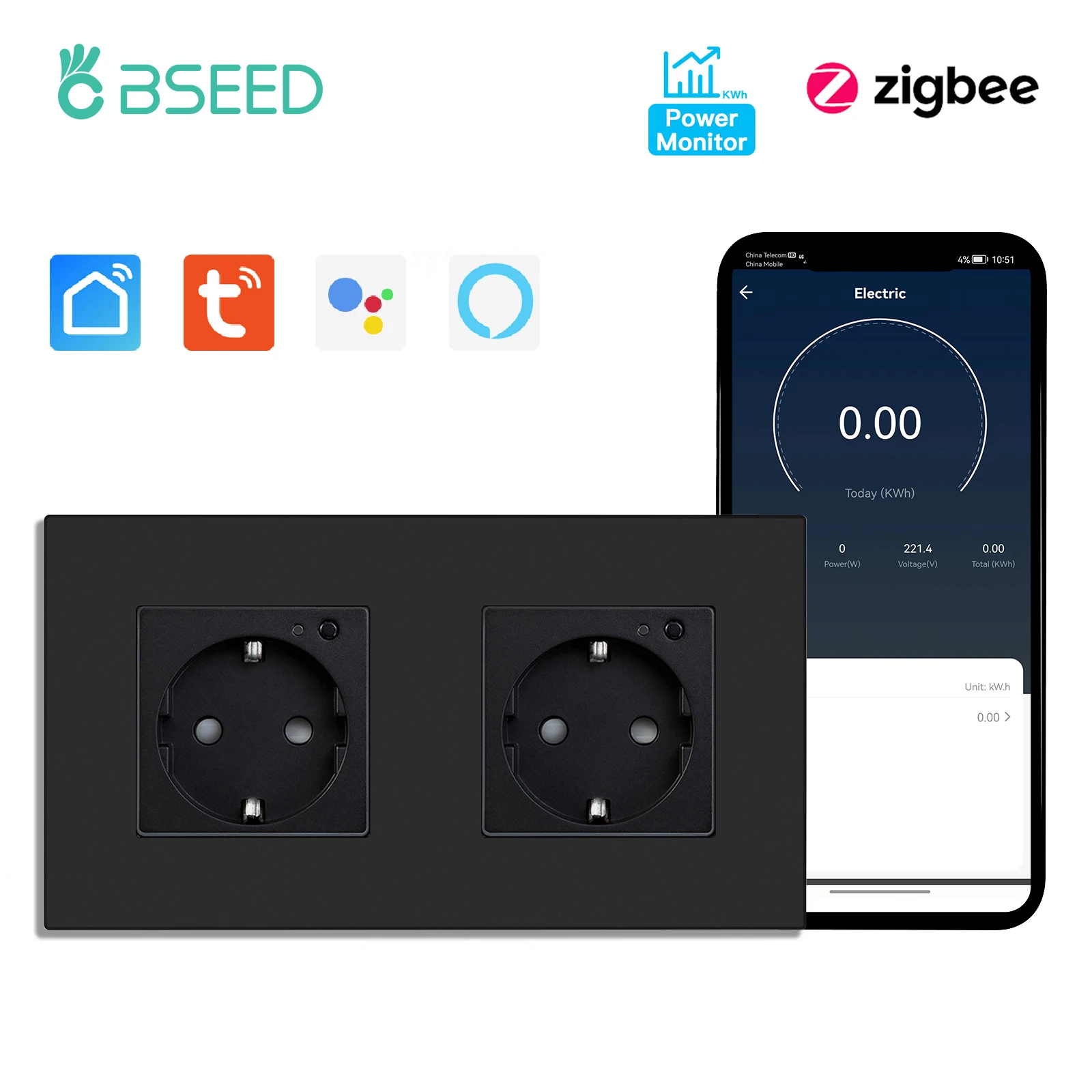 Bseed Zigbee Energy Monitor Steckdose PC Kunststoffrahmen Doppelte Smart Outlets Dreifachstecker Tuya Google Home Smart Life Control