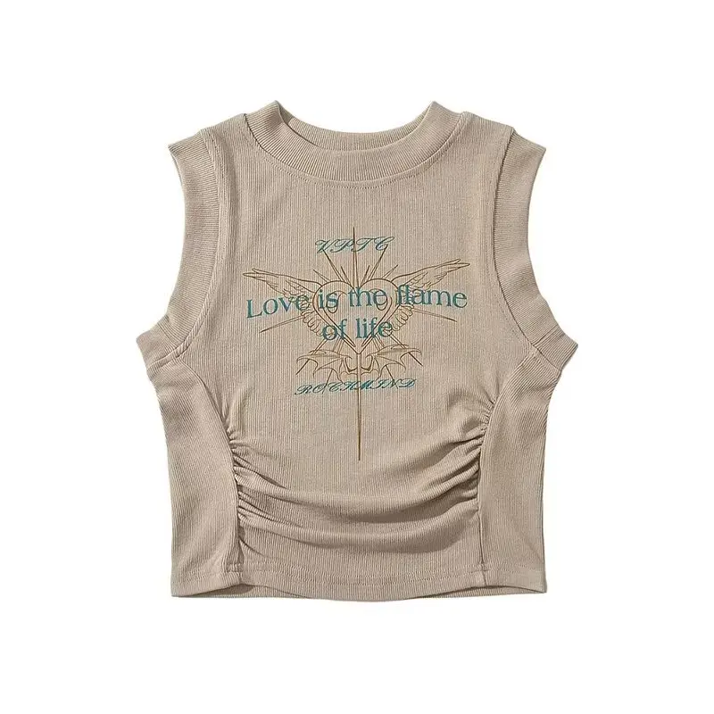 Street Style Spicy Short Printed Sleeveless Top Outerwear Pure Desire Net Red Side Gathered Slim Fit Vest Summer Outfit