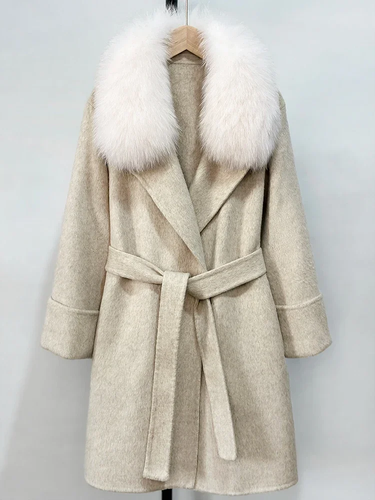 Nouveau manteau en laine mélanges pour femmes mode femme luxe veste en laine de cachemire 2025 automne hiver chaud col de fourrure de renard naturel