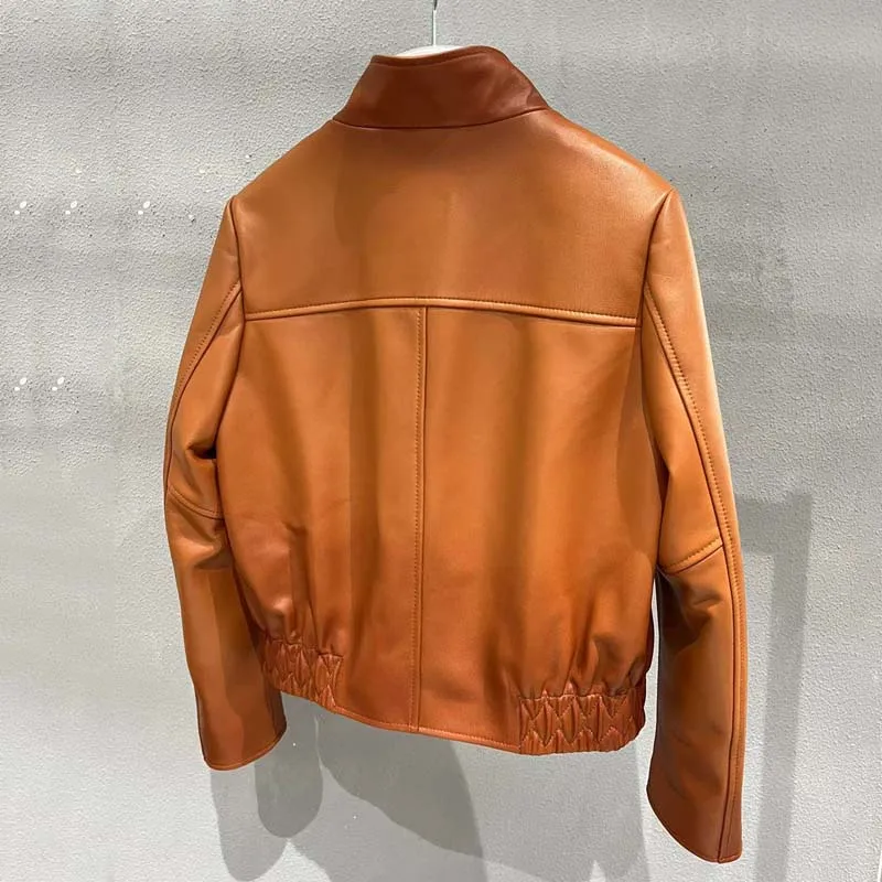 Abrigo de mujer de alta calidad, chaqueta de piel de oveja auténtica importada, cuello vuelto, cuero Vintage naranja, primavera 2024