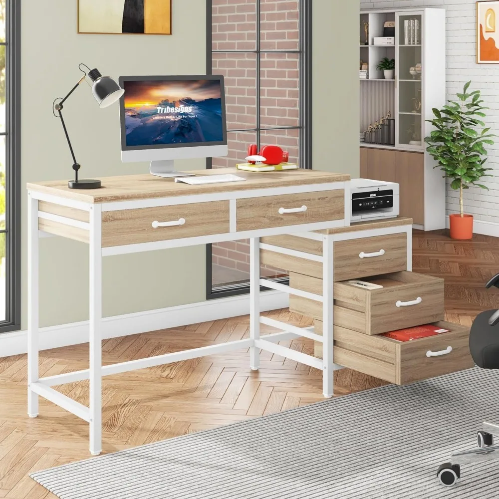 Computer Desk with 5 Drawers, Home Office Desks with Reversible Drawer Cabinet Printer Stand, Industrial PC Desk