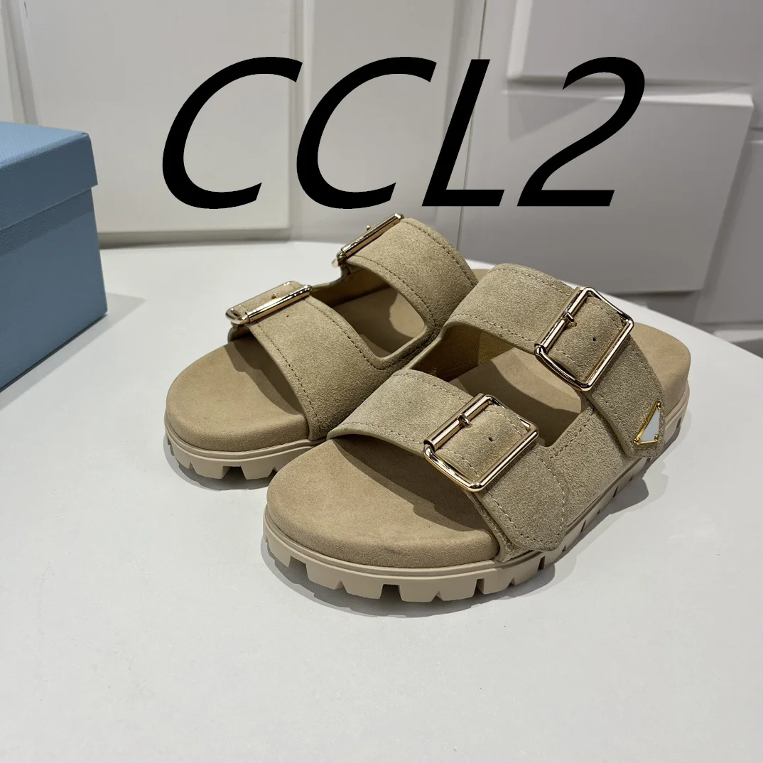 24 years spring and summer new sandals, double row buckle slippers, fashion flat slippers, game meat upper, sheepskin lining