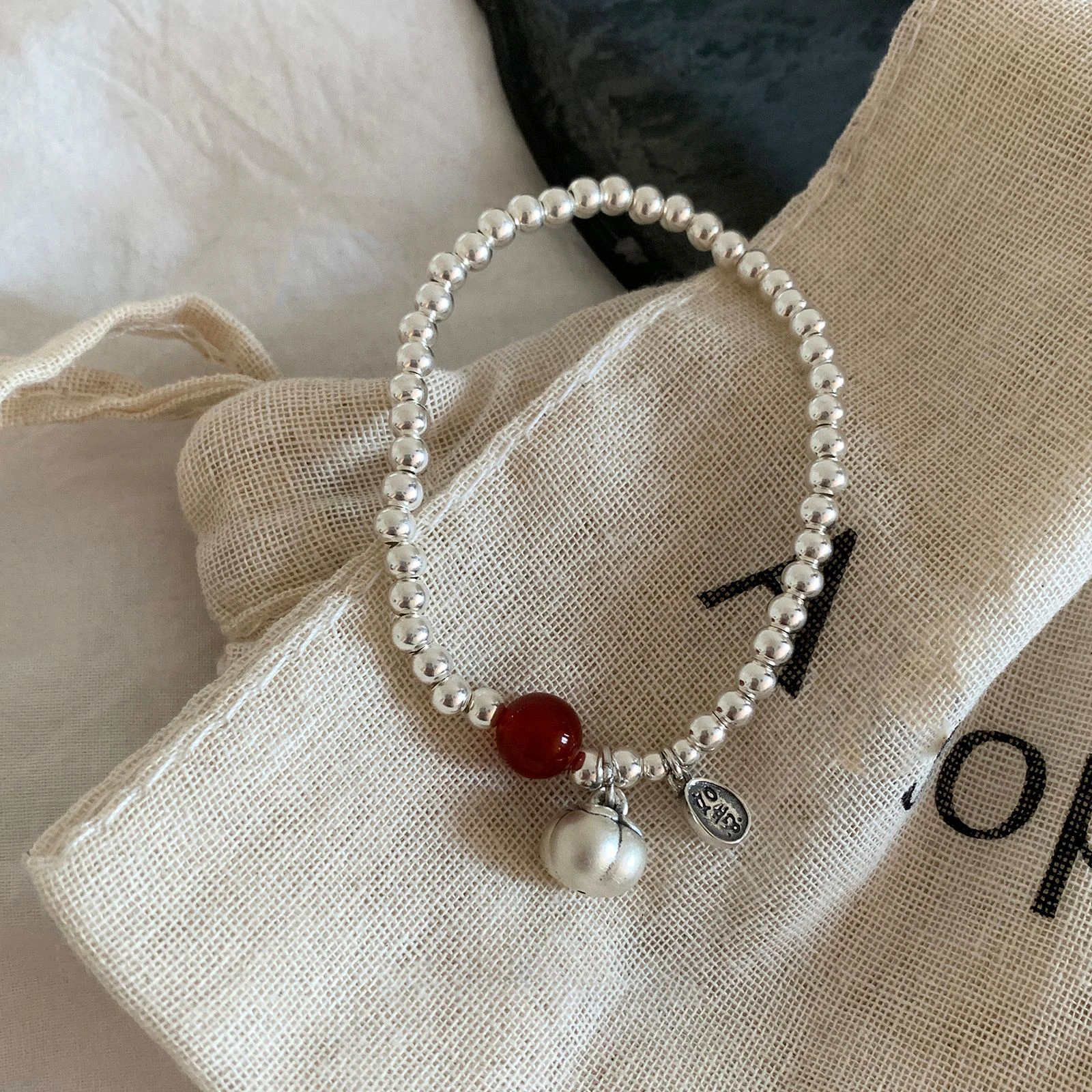 925 Sterling Silver Bracelet Red Persimmon Beaded Elastic Lucky Good Wish For Woman Girl Fashion Jewelry Gift Dropship Wholesale