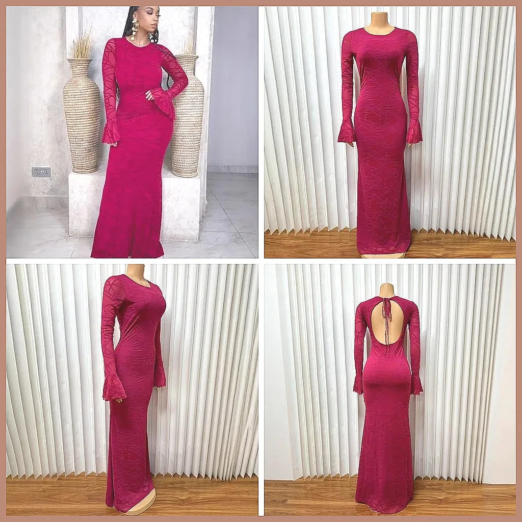 

Elegant Winter Maxi Dress with Flared Sleeves, Backless & Ruffle Detail for Parties