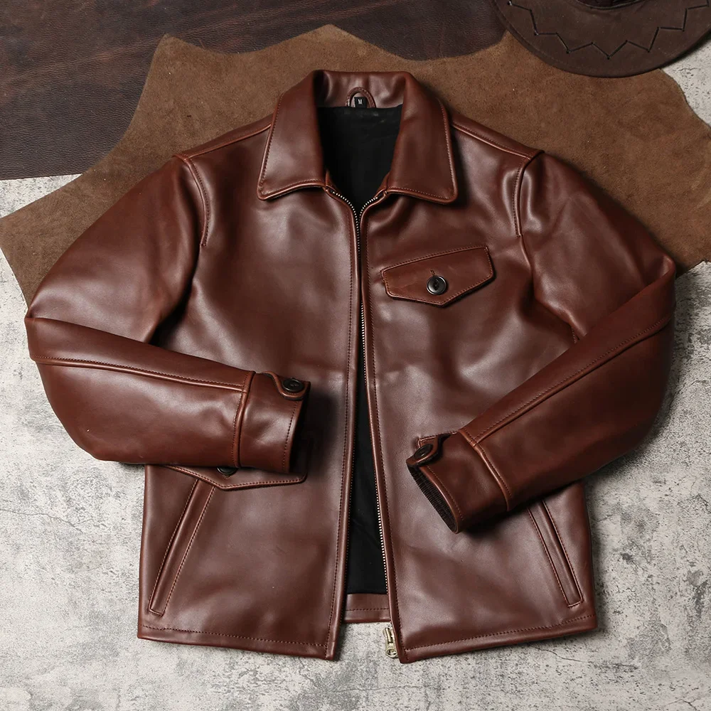 Veste vintage en cuir véritable pour homme, col à revers, veste de moto en cuir de vachette teint, rap-duty avertir