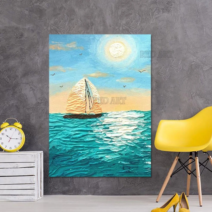 Large Sailing Boat Picture Art, Pure Handmade Texture, Seascape Oil Painting, Canvas Wall Decor, Knife Poster for Living Room